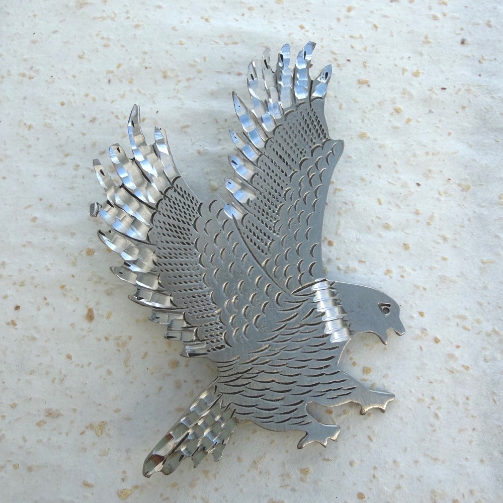 Vintage Silver Tone Eagle Brooch Soaring Bird Pin Textured Diamond Cut Detail